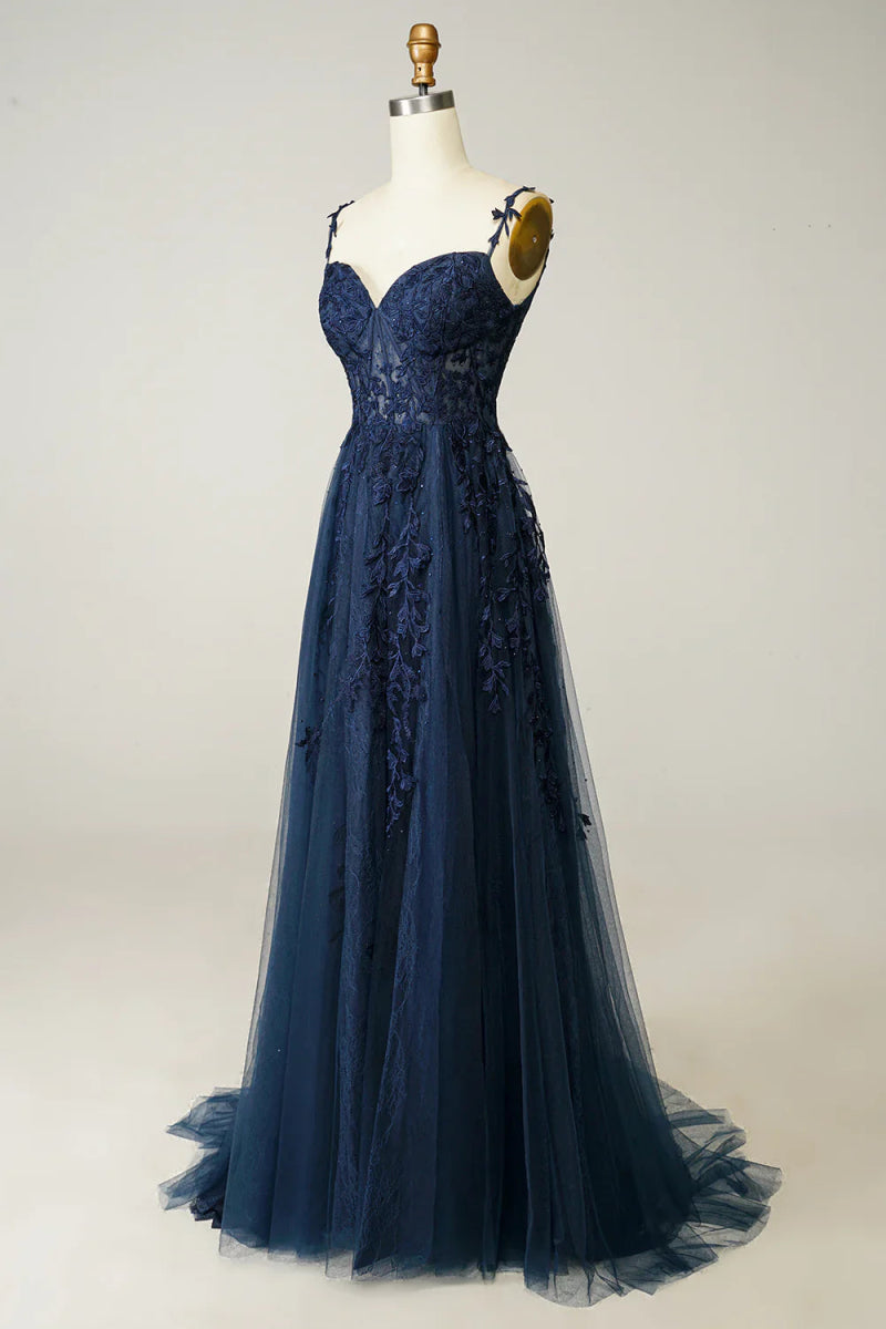 NumberSea - A Line Spaghetti Straps Navy Prom Dress with Appliques