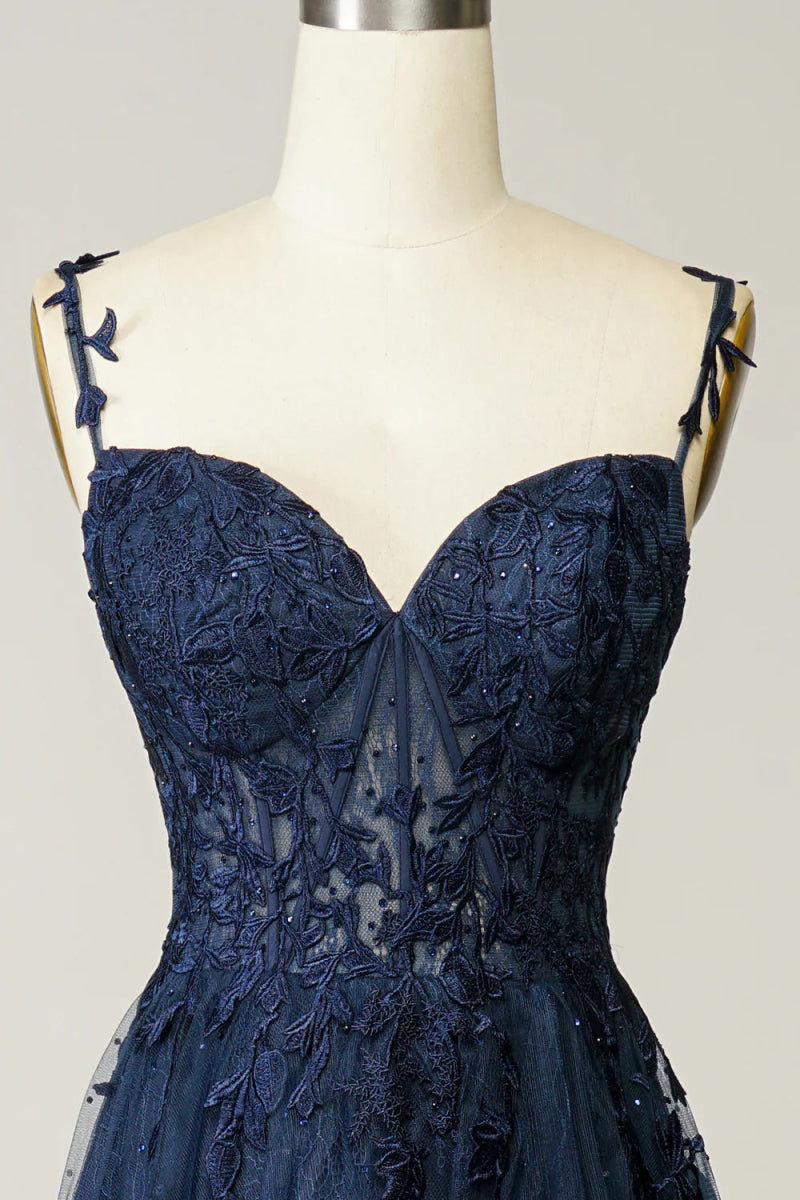 NumberSea - A Line Spaghetti Straps Navy Prom Dress with Appliques