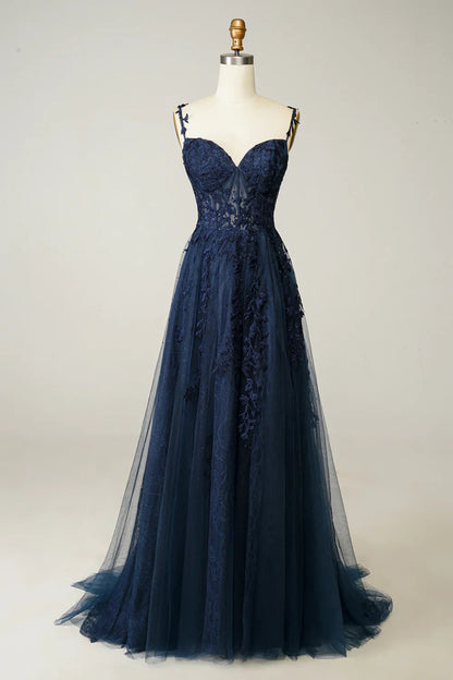 NumberSea - A Line Spaghetti Straps Navy Prom Dress with Appliques