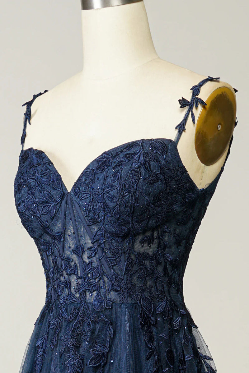 NumberSea - A Line Spaghetti Straps Navy Prom Dress with Appliques