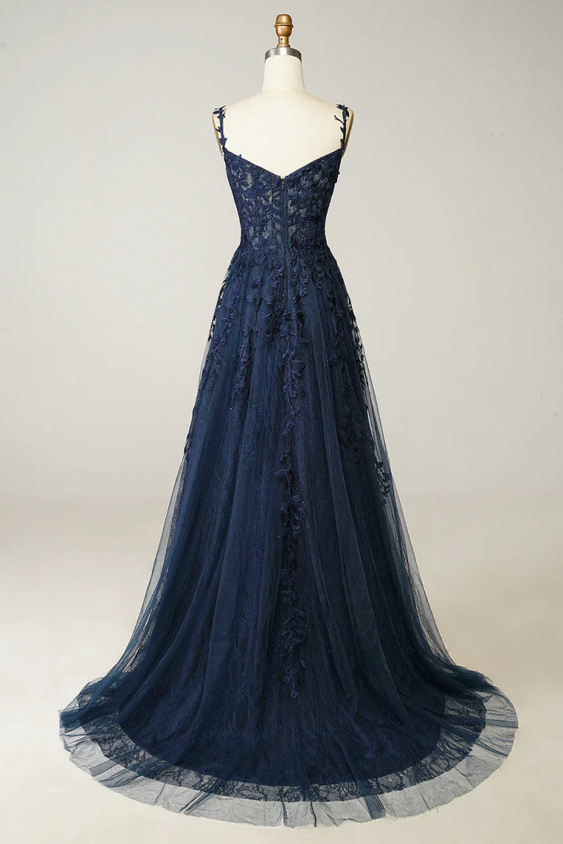 NumberSea - A Line Spaghetti Straps Navy Prom Dress with Appliques