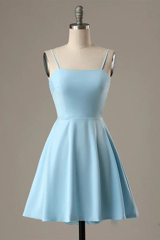 NumberSea - A - Line Spaghetti Straps Short Blue Satin Homecoming Dress