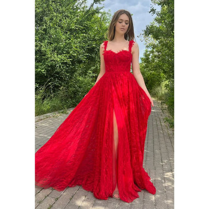 NumberSea - A - line Spaghetti Straps Side Slit Red Lace Formal Evening Dress