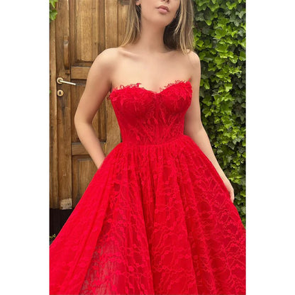 NumberSea - A - line Spaghetti Straps Side Slit Red Lace Formal Evening Dress