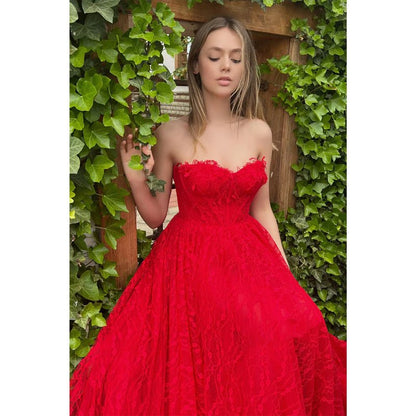 NumberSea - A - line Spaghetti Straps Side Slit Red Lace Formal Evening Dress