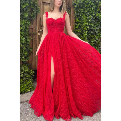 NumberSea - A - line Spaghetti Straps Side Slit Red Lace Formal Evening Dress