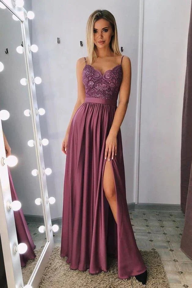 NumberSea - A Line Spaghetti Straps V Neck Lace Side Slit Prom Dresses