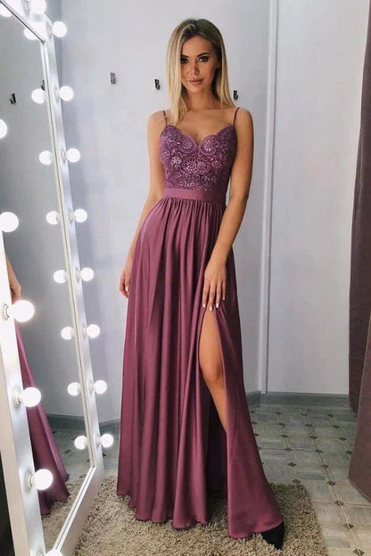 NumberSea - A Line Spaghetti Straps V Neck Lace Side Slit Prom Dresses