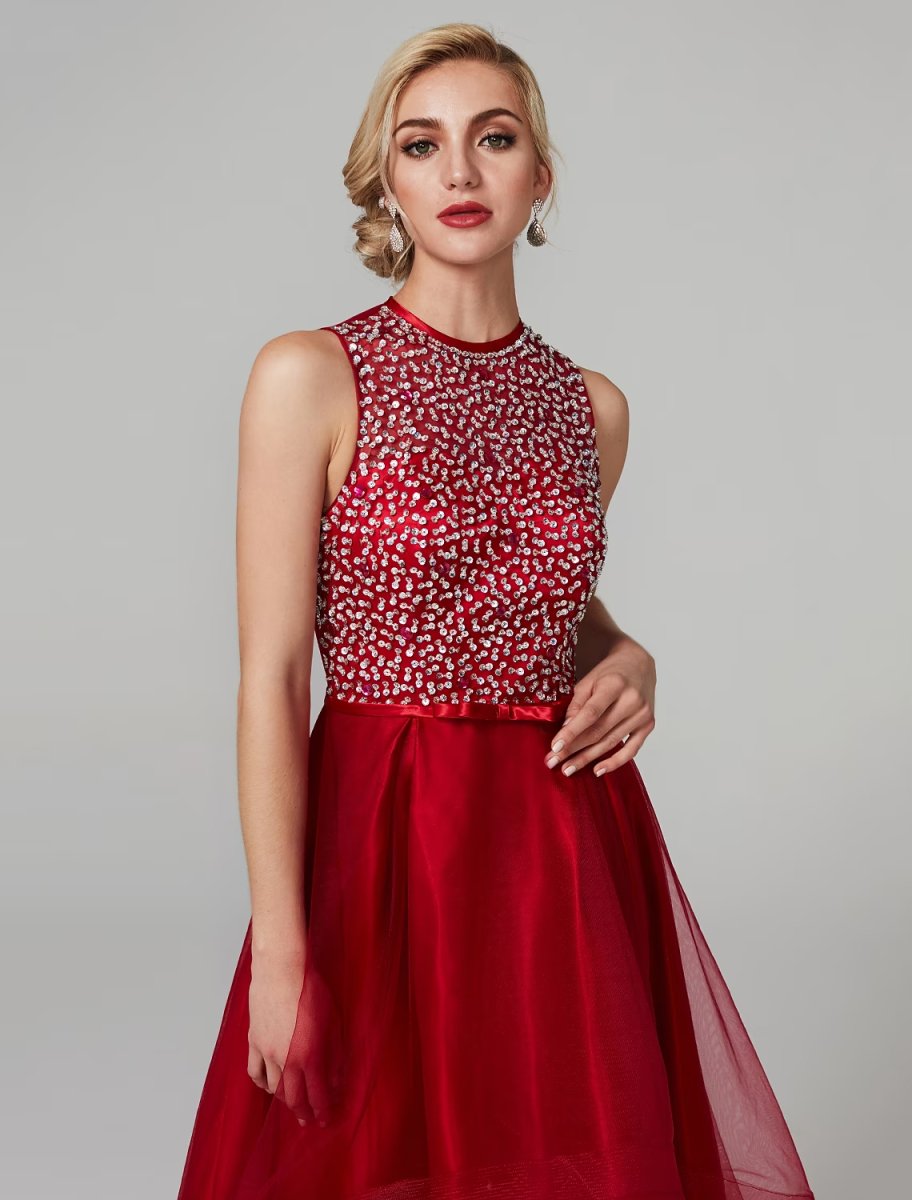 NumberSea - A - Line Sparkle & Shine Dress Wedding Guest Asymmetrical Sleeveless Jewel Neck Satin with Bow(s) Sequin