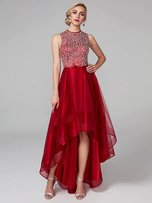 NumberSea - A - Line Sparkle & Shine Dress Wedding Guest Asymmetrical Sleeveless Jewel Neck Satin with Bow(s) Sequin