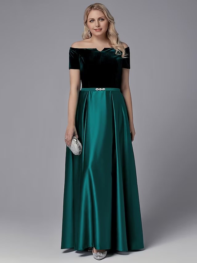 NumberSea - A - Line Special Occasion Dresses Elegant Dress Wedding Guest Floor Length Short Sleeve Off Shoulder Satin with Crystals