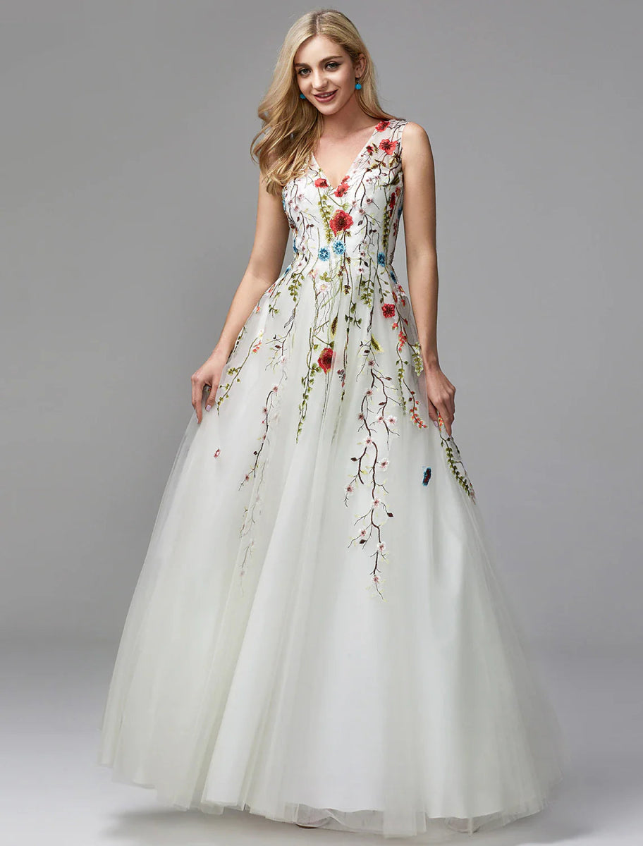 NumberSea - A - Line Special Occasion Dresses Floral Dress Wedding Guest Homecoming Floor Length Sleeveless V Neck Lace with Embroidery Appliques