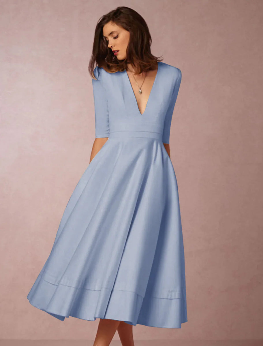 NumberSea - A - Line Special Occasion Dresses Party Dress Holiday Tea Length Half Sleeve V Neck Pocket Jersey with Pleats