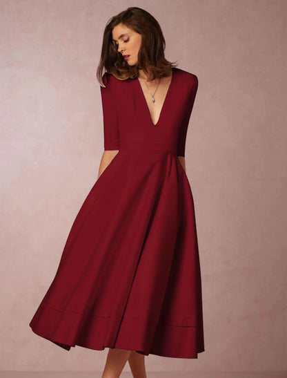 NumberSea - A - Line Special Occasion Dresses Party Dress Holiday Tea Length Half Sleeve V Neck Pocket Jersey with Pleats