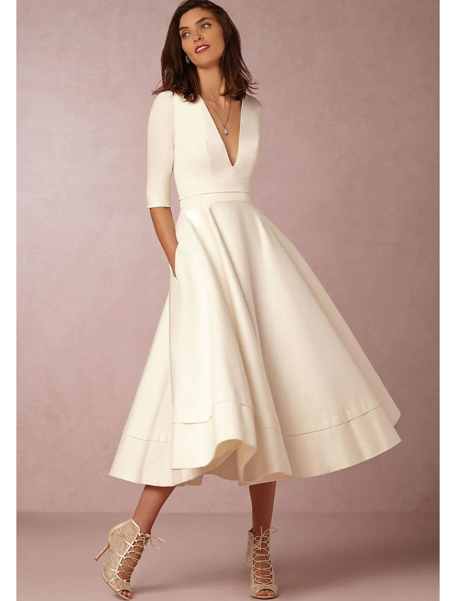 NumberSea - A - Line Special Occasion Dresses Party Dress Holiday Tea Length Half Sleeve V Neck Pocket Jersey with Pleats