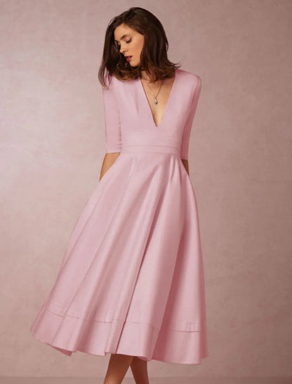 NumberSea - A - Line Special Occasion Dresses Party Dress Holiday Tea Length Half Sleeve V Neck Pocket Jersey with Pleats