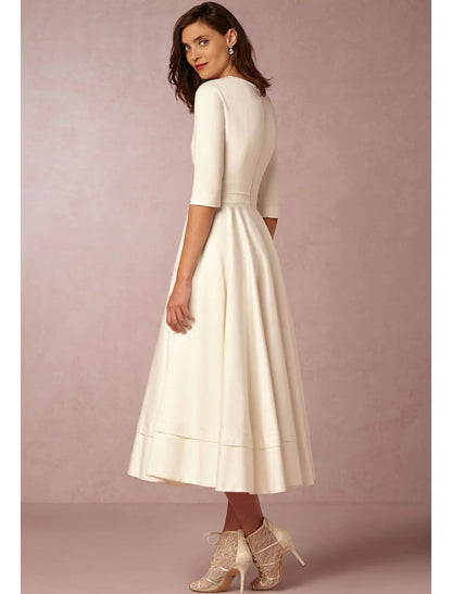 NumberSea - A - Line Special Occasion Dresses Party Dress Holiday Tea Length Half Sleeve V Neck Pocket Jersey with Pleats