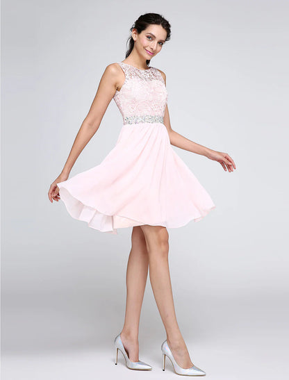 NumberSea - A - Line Special Occasion Dresses Party Dress Homecoming Graduation Short / Mini Sleeveless Illusion Neck Pink Dress Chiffon V Back Low Back with Crystals