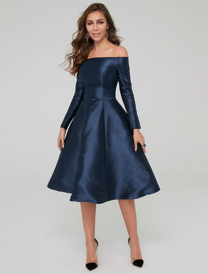 NumberSea - A - Line Special Occasion Dresses Party Dress Wedding Guest Knee Length Long Sleeve Off Shoulder Satin with Pleats