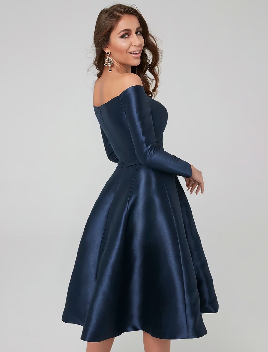 NumberSea - A - Line Special Occasion Dresses Party Dress Wedding Guest Knee Length Long Sleeve Off Shoulder Satin with Pleats