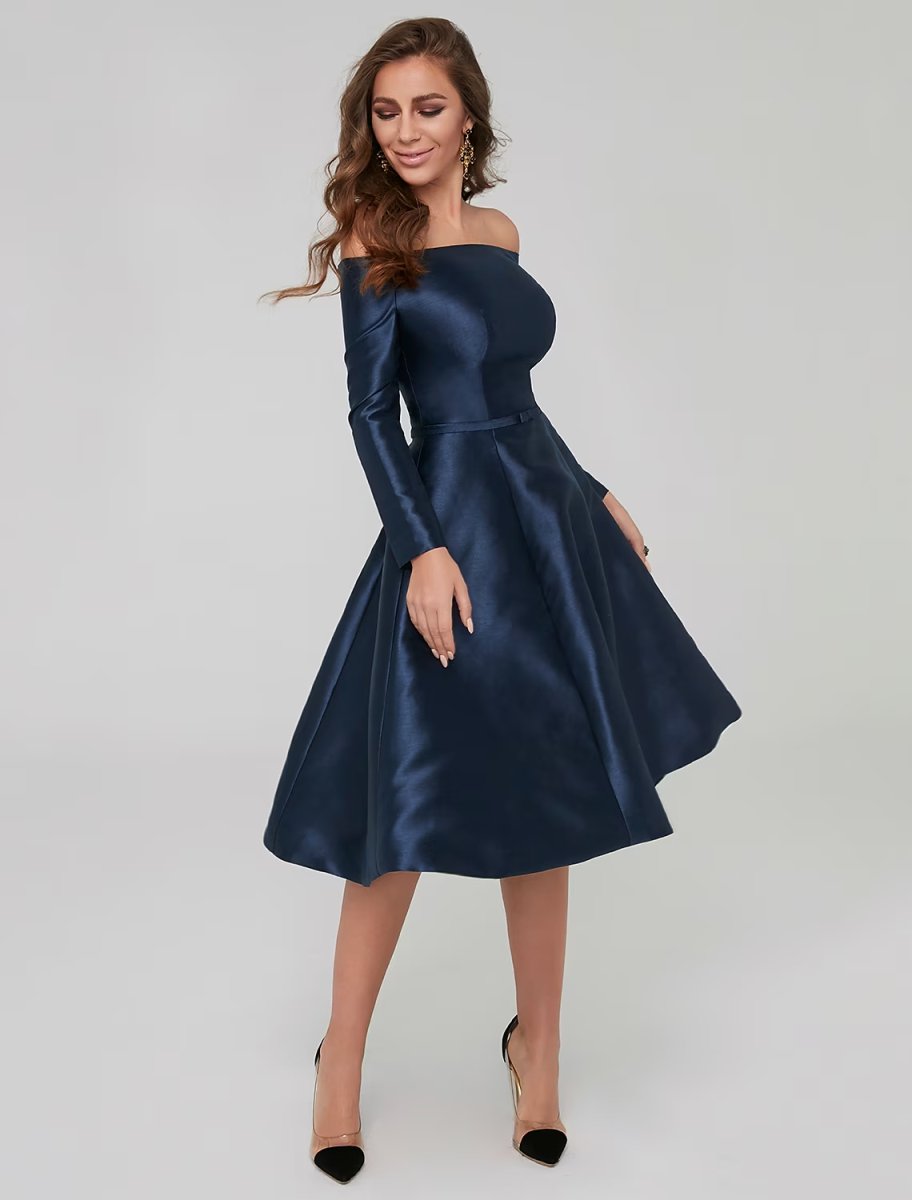 NumberSea - A - Line Special Occasion Dresses Party Dress Wedding Guest Knee Length Long Sleeve Off Shoulder Satin with Pleats