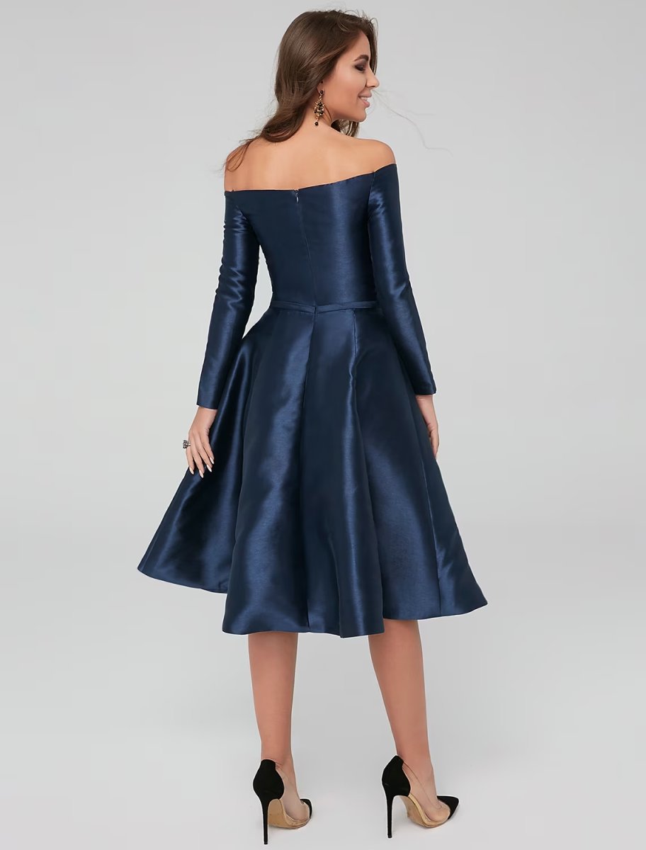 NumberSea - A - Line Special Occasion Dresses Party Dress Wedding Guest Knee Length Long Sleeve Off Shoulder Satin with Pleats