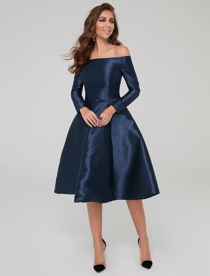 NumberSea - A - Line Special Occasion Dresses Party Dress Wedding Guest Knee Length Long Sleeve Off Shoulder Satin with Pleats