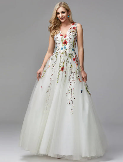 NumberSea - A - Line Special Occasion Dresses White Dress Homecoming Floor Length Sleeveless V Neck Lace with Embroidery Appliques