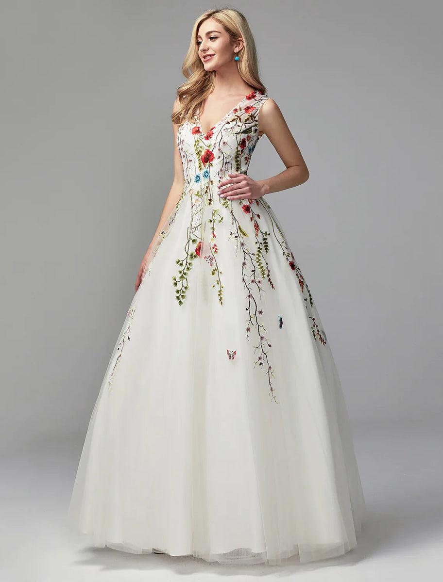 NumberSea - A - Line Special Occasion Dresses White Dress Homecoming Floor Length Sleeveless V Neck Lace with Embroidery Appliques