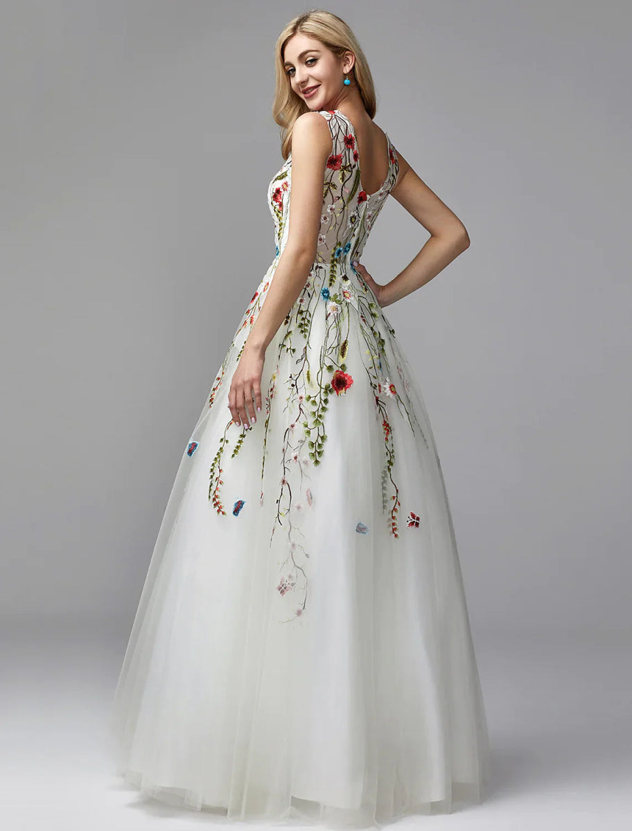 NumberSea - A - Line Special Occasion Dresses White Dress Homecoming Floor Length Sleeveless V Neck Lace with Embroidery Appliques