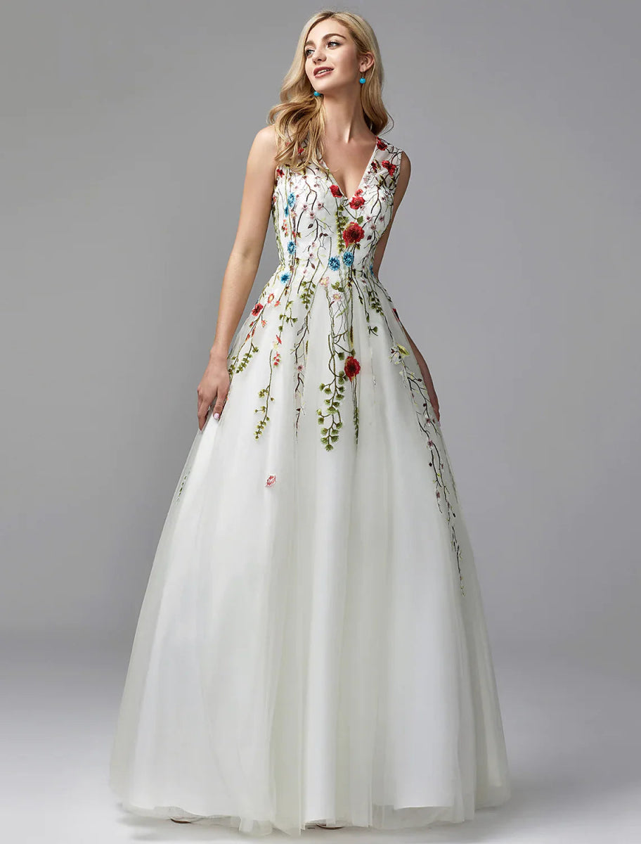 NumberSea - A - Line Special Occasion Dresses White Dress Homecoming Floor Length Sleeveless V Neck Lace with Embroidery Appliques