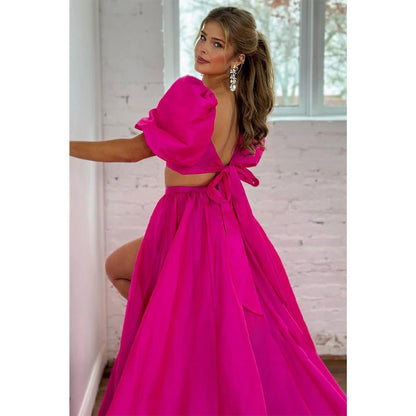 NumberSea - A - line Square Bowknot Two - piece Pink Long Prom Dress with Slit Evening Gowns