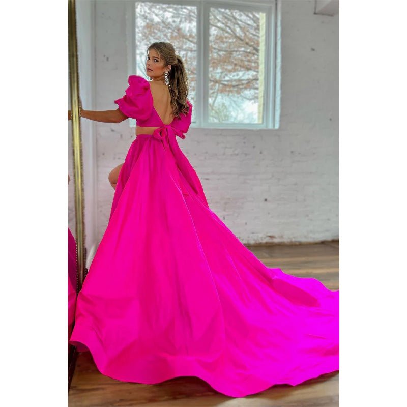 NumberSea - A - line Square Bowknot Two - piece Pink Long Prom Dress with Slit Evening Gowns