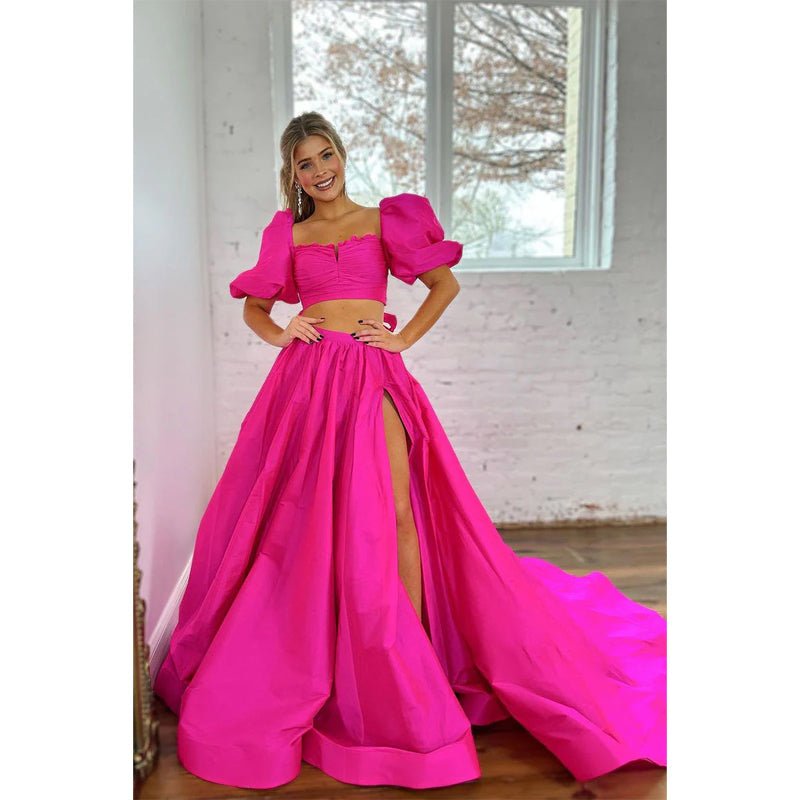 NumberSea - A - line Square Bowknot Two - piece Pink Long Prom Dress with Slit Evening Gowns