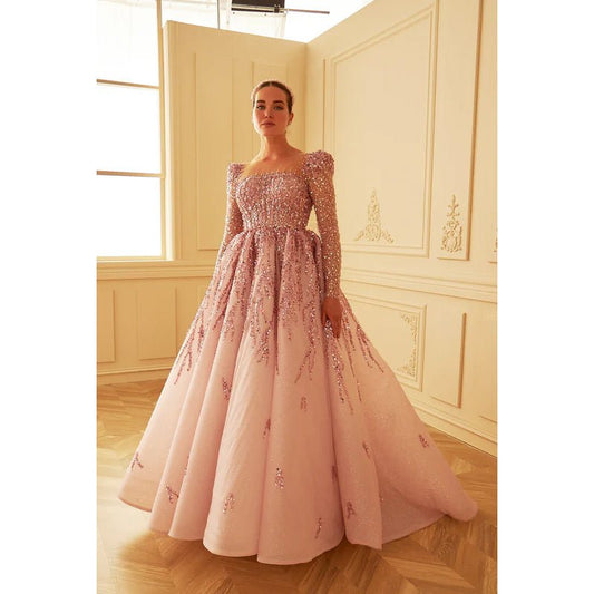 NumberSea - A - Line Square Neck Beaded Long Sleeves Tulle Prom Evening Formal Dress