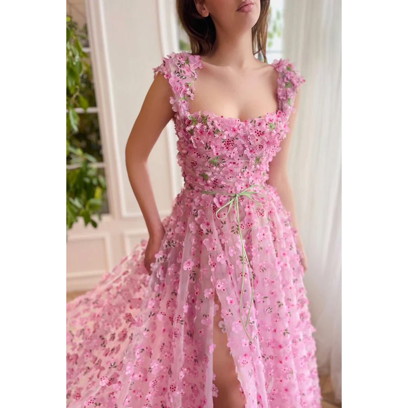 NumberSea - A Line Square Neck Floral 3D Lace Pleated A Line Long Prom Evening Dress