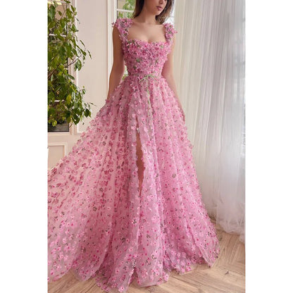 NumberSea - A Line Square Neck Floral 3D Lace Pleated A Line Long Prom Evening Dress