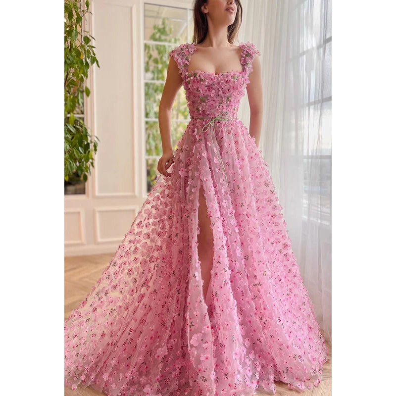 NumberSea - A Line Square Neck Floral 3D Lace Pleated A Line Long Prom Evening Dress