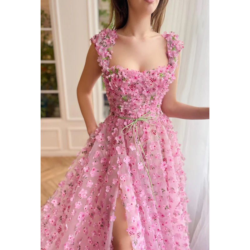 NumberSea - A Line Square Neck Floral 3D Lace Pleated A Line Long Prom Evening Dress