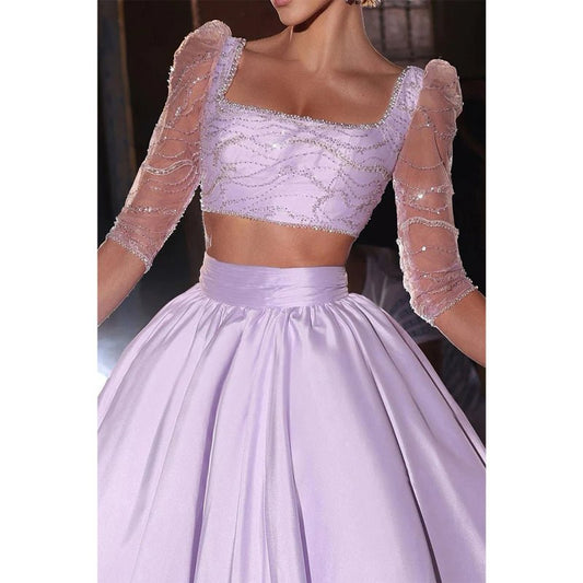 NumberSea - A Line Square Neckline 3/4 Sleeves Two Piece Long Prom Party Dress