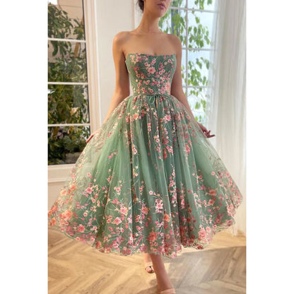 NumberSea - A - Line Strapless Appliqued Tulle Midi Length Prom Evening Dress