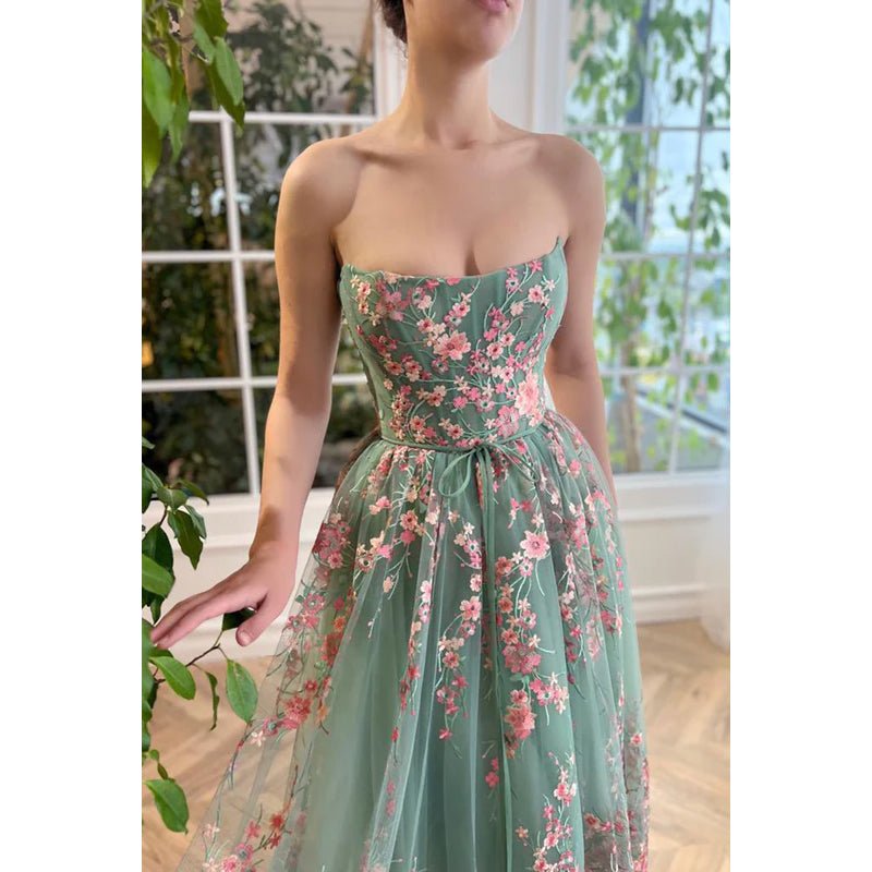 NumberSea - A - Line Strapless Appliqued Tulle Midi Length Prom Evening Dress