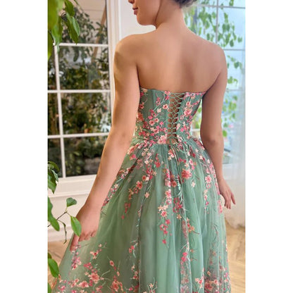 NumberSea - A - Line Strapless Appliqued Tulle Midi Length Prom Evening Dress