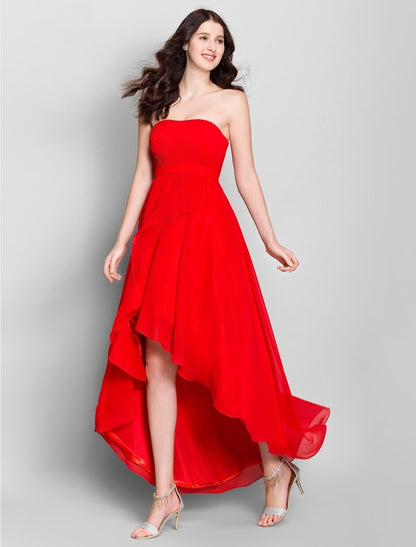 NumberSea - A - Line Strapless Asymmetrical Chiffon Bridesmaid Dress with Side Draping