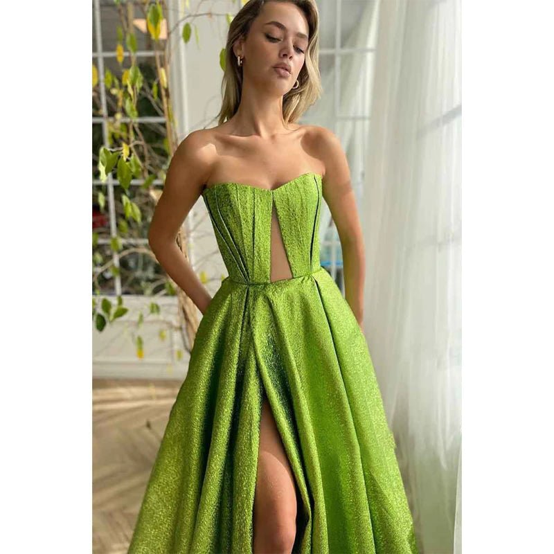 NumberSea - A Line Strapless High Split Long Prom Party Dress with Pockets