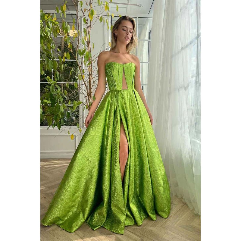 NumberSea - A Line Strapless High Split Long Prom Party Dress with Pockets