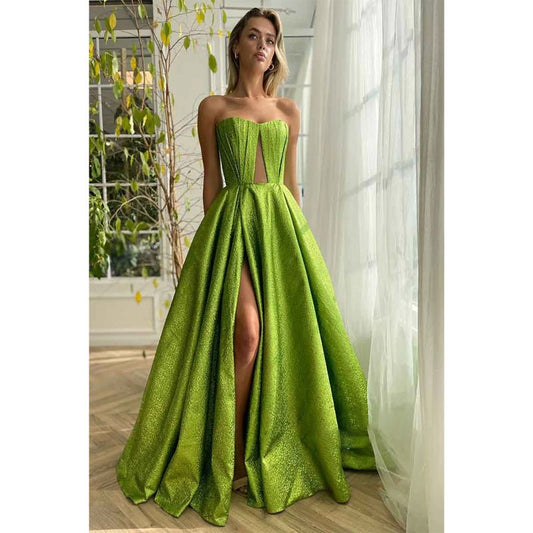 NumberSea - A Line Strapless High Split Long Prom Party Dress with Pockets