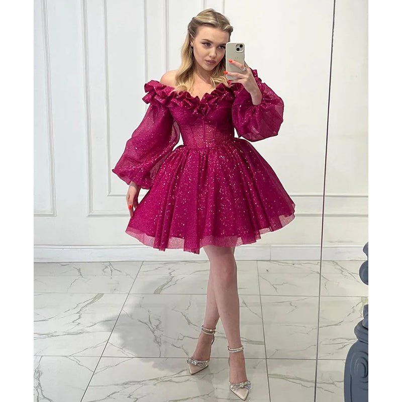 NumberSea - A Line Strapless Long Sleeves Sparkly Short Prom Dress Fuchsia Homecoming Dress