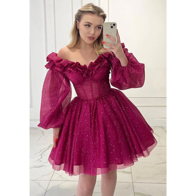 NumberSea - A Line Strapless Long Sleeves Sparkly Short Prom Dress Fuchsia Homecoming Dress