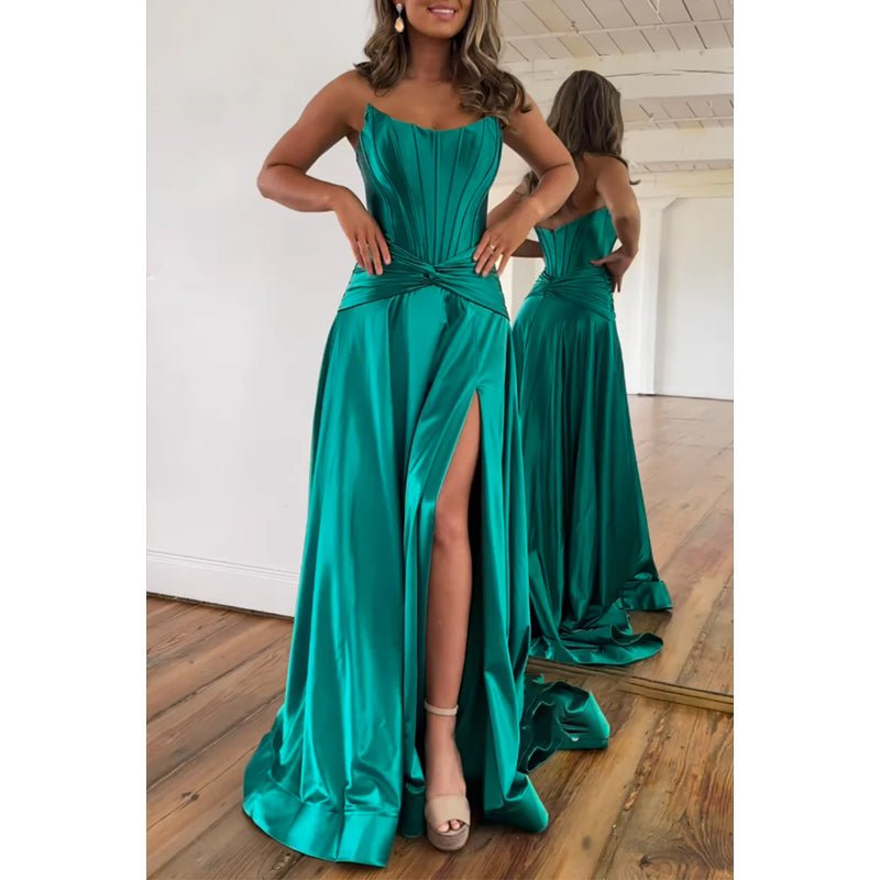 NumberSea - A - line Strapless Pleats Satin High Split Long Prom Dress Evening Gowns